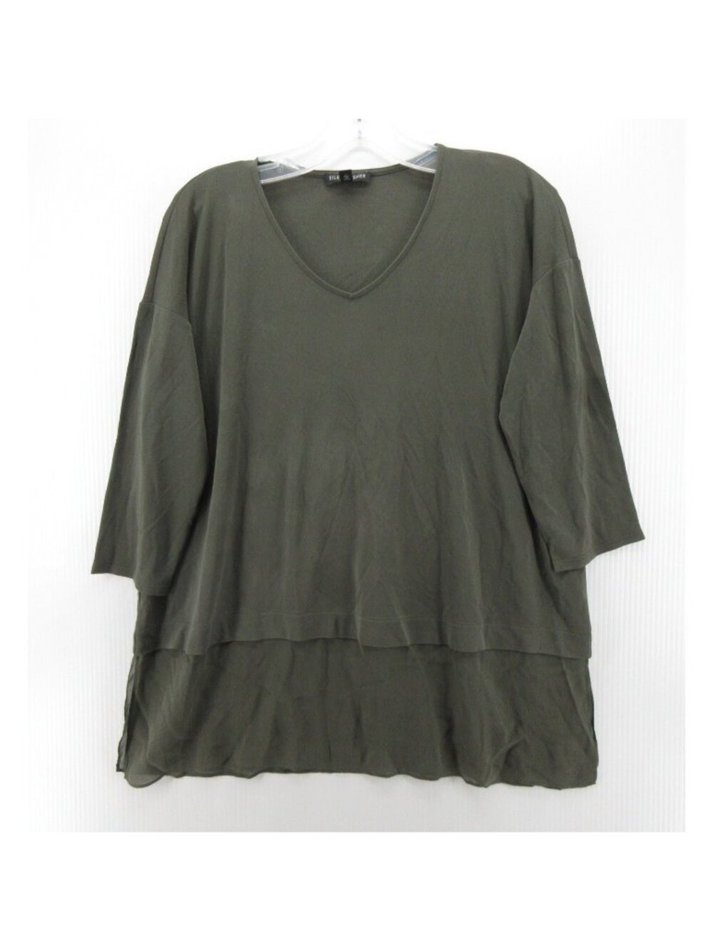 Eileen Fisher Top XXS Olive Silk Blouse Pullover Lagenlook Hi Low